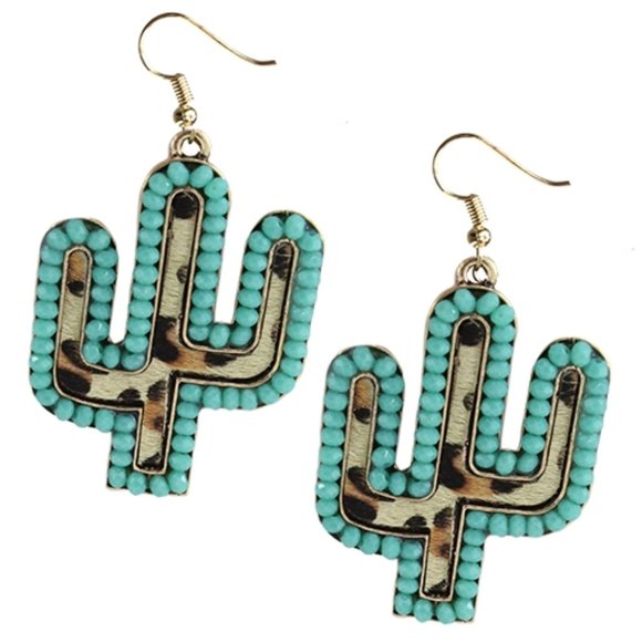 Turquoise Cactus Leopard Hide Earrings - Picture 1 of 1